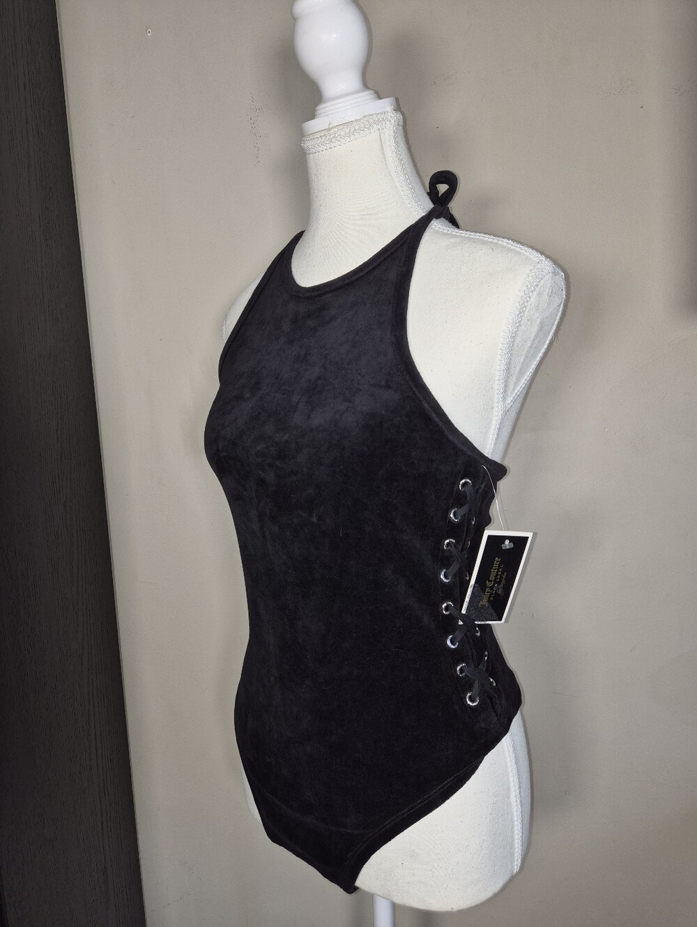 New + Tag Juicy Couture Small Black Velour Bodysuit Cut Out Strapy 1 Piece Y2K